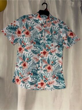 SONOMA Mens M Tropical Hawaiian Summer Short Sleeve Shirt White/Floral Hibiscus